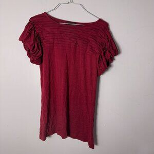 EUC Even Womens Maroon Burgundy Puffy Short Sleeve Shirt Pleated Collar M Medium